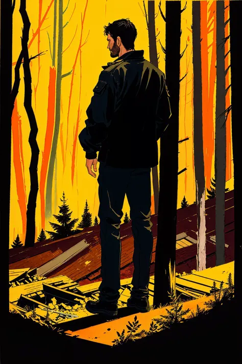 arafed image of a man standing in a forest looking at a fire