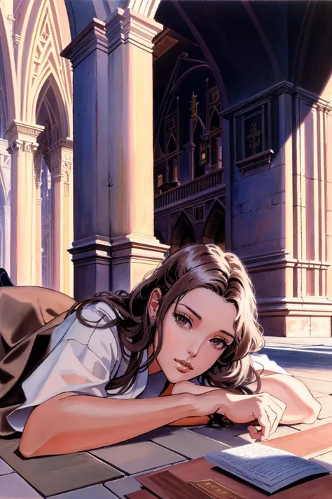 anime girl laying on the ground with a book in her hand