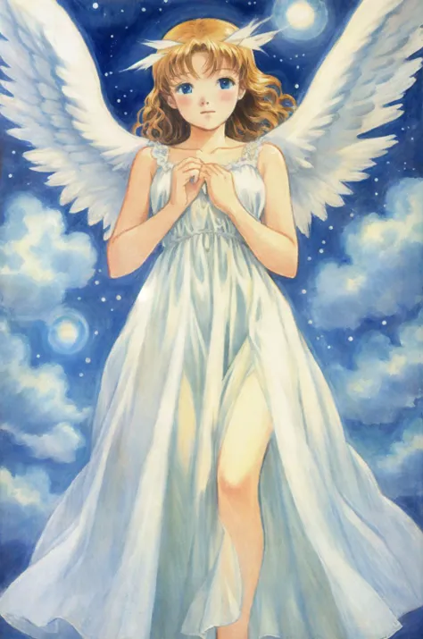 an angel with a halo and wings standing in the sky