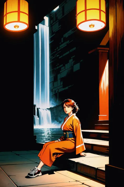 a woman sitting on steps in front of a waterfall