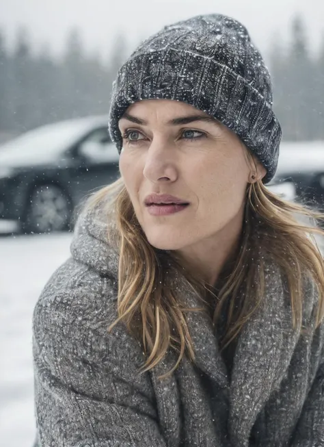 RAW photo of a sks woman, sitting in outdoor car ,winter ,snowy , ((wearing cap)), (detailed face), grunge, ((visual kai)),  ((full body)), (high detailed skin:1.2), 8k uhd, dslr, soft lighting, high quality, film grain, Fujifilm XT3, <lora:locon_kate_v1_f...