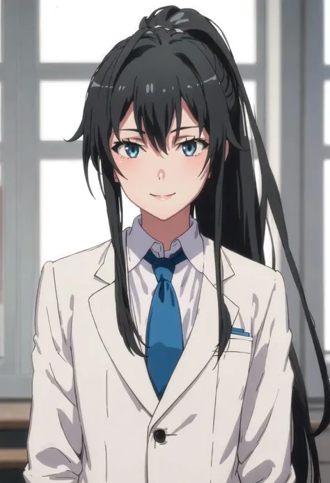 best quality, masterpiece, highres, solo, {yukino_yukinoshita_yahariorenoseishunlovecomewamachigatteiru:0.90}, 1girl, blue_necktie, formal, suit, upper_body, white_shirt, black_jacket, looking_at_viewer, ponytail, smile, hair_between_eyes, sidelocks, ahoge