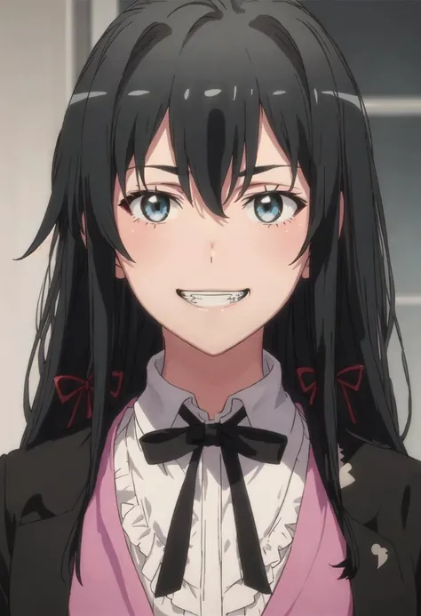 best quality, masterpiece, highres, solo, {yukino_yukinoshita_yahariorenoseishunlovecomewamachigatteiru:0.90}, evil_grin, evil_smile, grin, portrait, looking at viewer