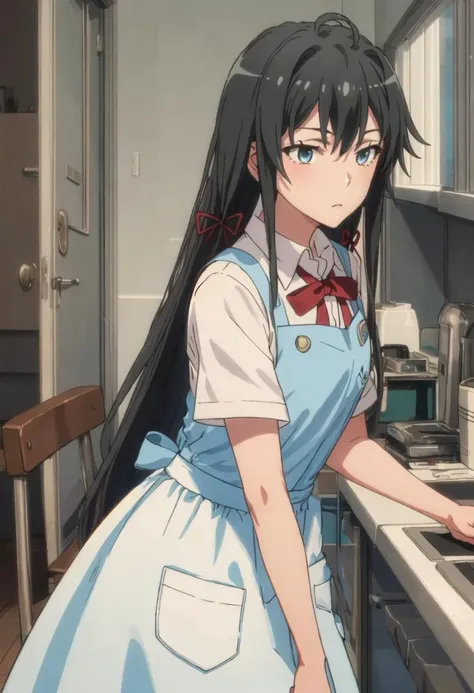 best quality, masterpiece, highres, solo, {yukino_yukinoshita_yahariorenoseishunlovecomewamachigatteiru:0.90}, 1girl, sobu_high_school_uniform, shirt, apron