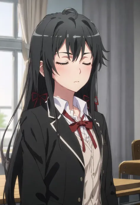 best quality, masterpiece, highres, solo, {yukino_yukinoshita_yahariorenoseishunlovecomewamachigatteiru:0.90}, 1girl, black_jacket, blazer, closed_eyes, sobu_high_school_uniform