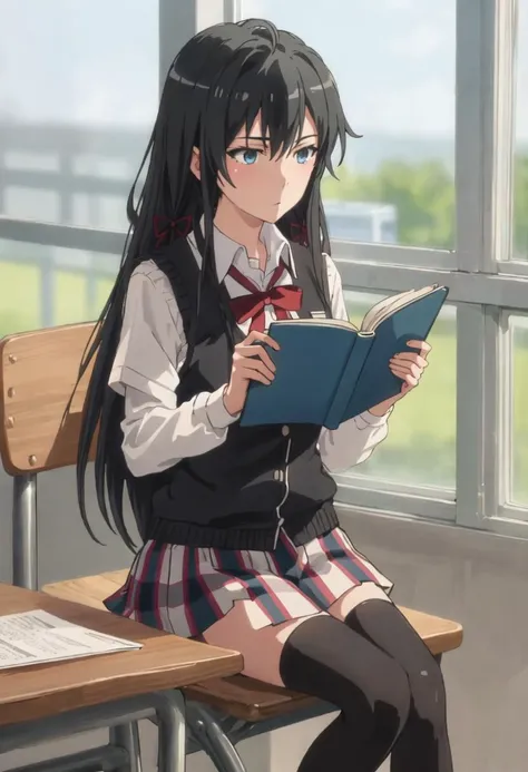 best quality, masterpiece, highres, solo, {yukino_yukinoshita_yahariorenoseishunlovecomewamachigatteiru:0.90}, reading, sitting, sobu_high_school_uniform, sweater_vest, 1girl, plaid_skirt, holding_book, shirt, thighhighs, window, zettai_ryouiki