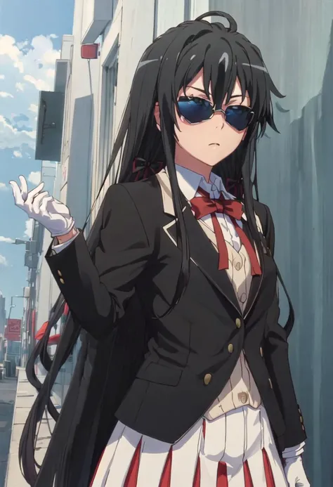 best quality, masterpiece, highres, solo, {yukino_yukinoshita_yahariorenoseishunlovecomewamachigatteiru:0.90}, {black business suit:1.40}, {tie:1.20}, {sunglasses:1.25}, {white gloves:1.15}, {white shirt:1.10}, {black skirt:1.15}, {smoking:1.20}, handsome