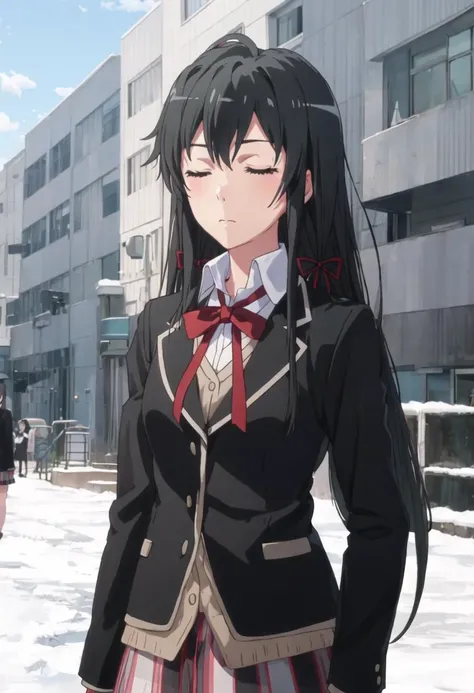 best quality, masterpiece, highres, solo, {yukino_yukinoshita_yahariorenoseishunlovecomewamachigatteiru:0.90}, 1girl, black_jacket, blazer, closed_eyes, sobu_high_school_uniform