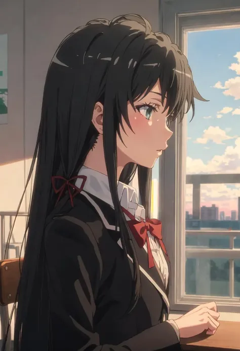 best quality, masterpiece, highres, solo, {yukino_yukinoshita_yahariorenoseishunlovecomewamachigatteiru:0.90}, 1girl, black_jacket, blazer, profile, sobu_high_school_uniform, sunset