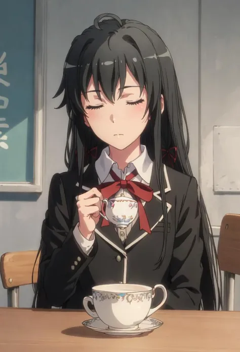 best quality, masterpiece, highres, solo, {yukino_yukinoshita_yahariorenoseishunlovecomewamachigatteiru:0.90}, 1girl, ahoge, black_jacket, blazer, closed_eyes, sobu_high_school_uniform, teacup