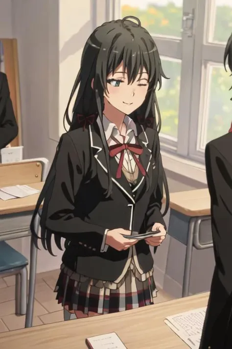 best quality, masterpiece, highres, solo, {yukino_yukinoshita_yahariorenoseishunlovecomewamachigatteiru:1.15}, long_hair, black_hair, ribbon, blue_eyes, hair_ribbon, blazer, 1girl, black_jacket, closed_eyes, jacket, school_uniform, sobu_high_school_uniform...