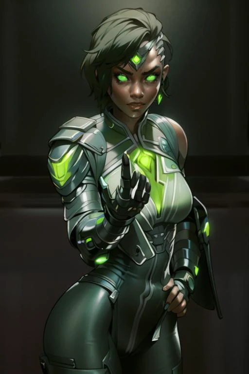 (masterpiece:1.2),(best quality:1.2)),perfect eyes,perfect face,perfect lighting,fashion,masterpiece,best quality,highly detailed,
solo,1girl,one side shoulder armor,glowing eyes,green eyes,<lora:VivienV1-000010:1>,<lora:CyberpunkBodysuit:1>,futuristic,sci...