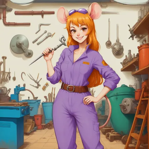 cartoon, realistic, masterpiece, best quality,  <lora:gadgethackwrench_10mb:0.75>, GadgetHackwrench,1girl, standing, outside, mouse ears, purple jumpsuit with leather belt,tail, holding tool, workshop, machinery in background, smiling, goggles