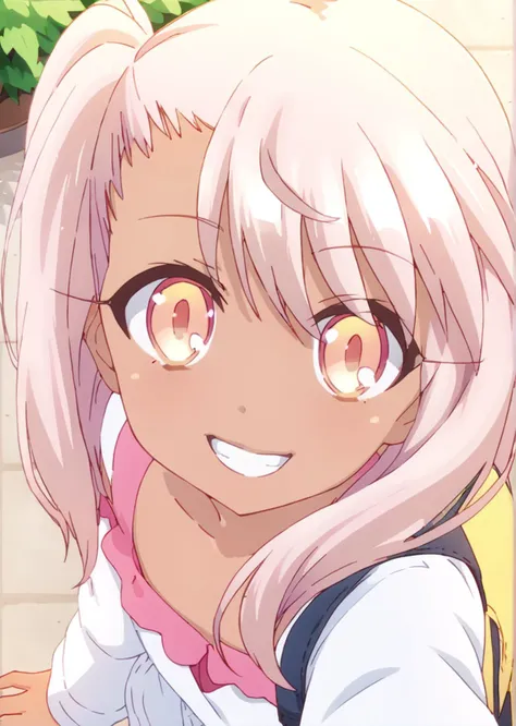 anime girl with pink hair and pink eyes smiling at camera