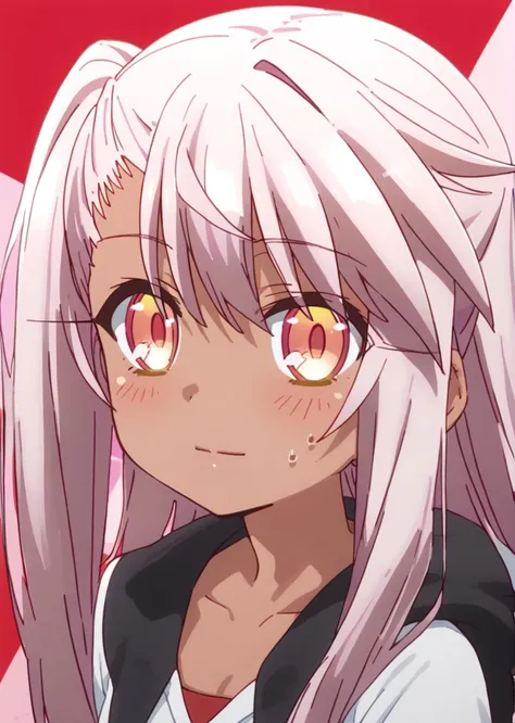 anime girl with long white hair and pink eyes looking at camera