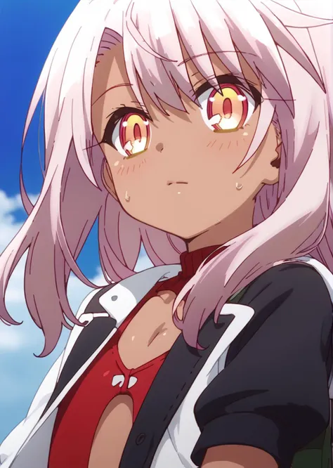 anime girl with pink hair and red eyes looking at the camera