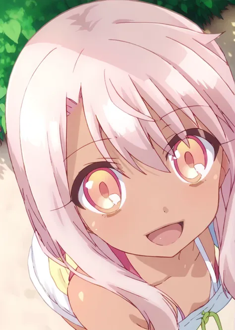 anime girl with pink hair and pink eyes looking at camera