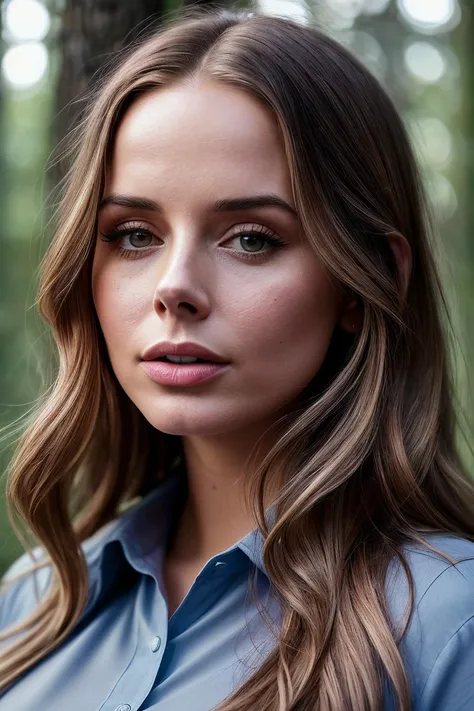 perfect cinematic shoot of a beautiful woman (EPFl1rtyG3m1n1ALT2:.99), a woman standing at a Whispering Pines Retreat:, perfect (top bun), wearing sexy hazel (Button-Up Shirt), (ragnarök in background:1.2), (detailed background:1.1), (face focus), modelsho...