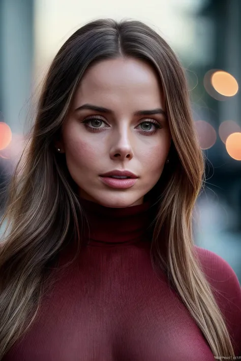 perfect cinematic shoot of a beautiful woman (EPFl1rtyG3m1n1ALT2:.99), a woman standing at a shopping street in osaka, perfect (top bun), wearing sexy red (turtleneck), (bioluminescent algae blooms in background:1.2), (detailed background:1.1), (face focus...