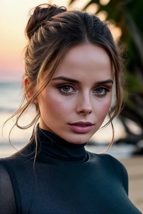 perfect cinematic shoot of a beautiful woman (EPFl1rtyG3m1n1ALT2:.99), a woman standing at a tropical beach at dawn with rare seashells that grant wishes, perfect (top bun), wearing sexy blue (turtleneck), (detailed background:1.1), (face focus), modelshoo...