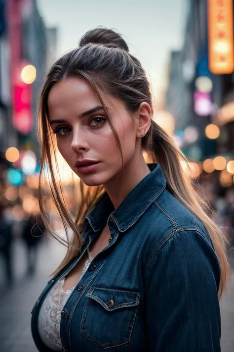 perfect cinematic shoot of a beautiful woman (EPFl1rtyG3m1n1ALT2:.99), a woman standing at a Dotonbori District, perfect (ponytail), wearing sexy indigo (Button-Up Shirt), (the labors of hercules in background:1.2), (detailed background:1.1), (face focus),...