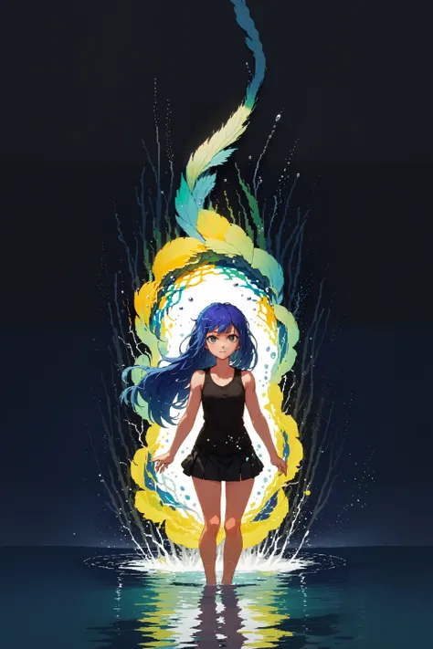 (masterpiece, best quality, highres, anime, pixiv, voxel style), (1girl, kurokawa akane, blue hair, green eyes, medium hair, gradient hair, solo, full body, standing on an abstract water), (bloom, swirling lights, light particles, detailed, 8k),  <lora:las...