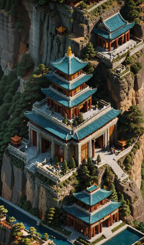 voxel syle, <lora:VoxelXL_v1:1>, aerial view, panoramic, wide angle, film, bokeh, professional, 4k, highly detailed, a ancient exoticism Chinese tyle buddhist temples built on cliff in a huge gorges with overhanging corridors and bizarre pine trees, volume...