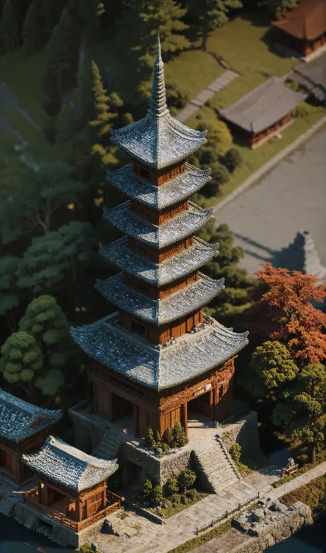 voxel syle, <lora:VoxelXL_v1:1>, (((aerial view, panoramic, wide angle))), film, bokeh, professional, 4k, highly detailed, 1 building, 1 ancient Japanese style 20 levels pagoda in the woods on top of the hill, Alien planet, torii road, valley, Alien lansca...