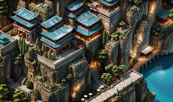 voxel syle, <lora:VoxelXL_v1:1>, aerial view, panoramic, wide angle, film, bokeh, professional, 4k, highly detailed, a epic cliff canyon, a creepy ancient Chinese Hanging Monastery built on the suface of cliff,  Suspended wooden walkways connecting differe...