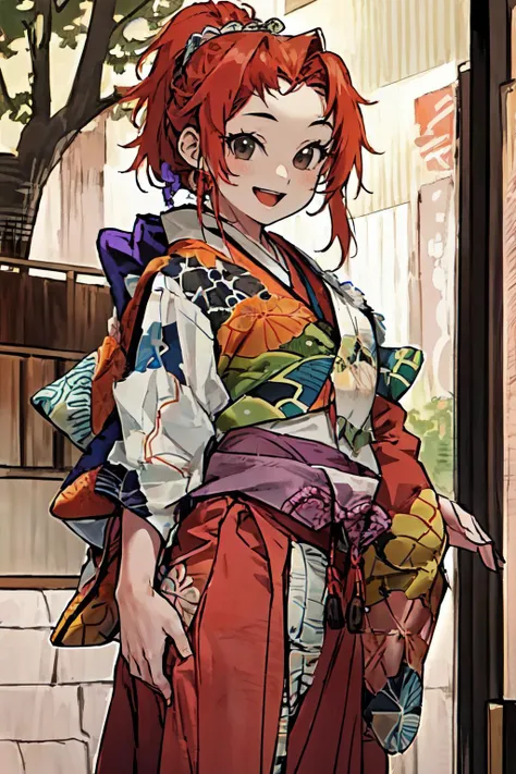 anime girl with red hair and a colorful kimono outfit