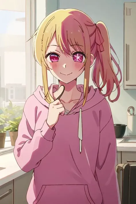 best quality, masterpiece, highres, solo, {ruby_oshinoko:1.15}, blonde_hair, bangs, long_hair, blush, closed_mouth, smile, closed_eyes, black_hoodie, hair_ribbon, hood, hoodie, multicolored_hair, one_side_up, pink_eyes, pink_ribbon, ribbon, symbol-shaped_p...