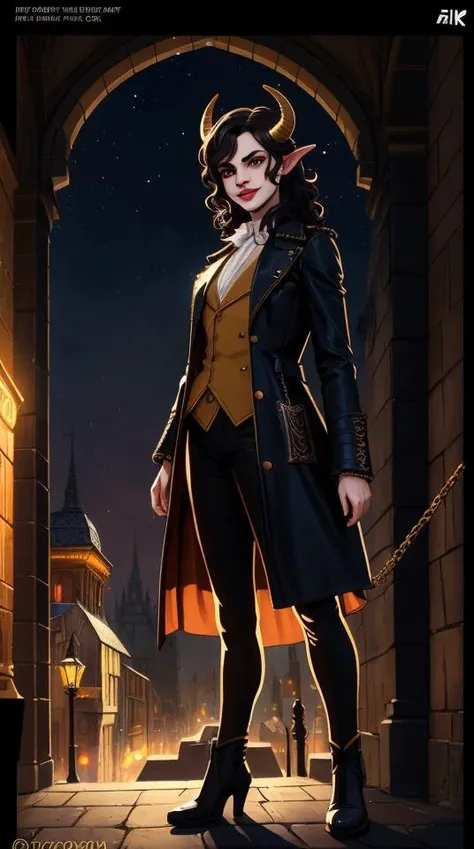 ((portrait)), A Tiefling with long thin twisted horns, dark red skin, curly black hair, an evil smile, glowing yellow eyes, lion fangs in the role of a Joker(Joker 2019), stands in a leather coat with metal chains, brass buttons against the background of a...