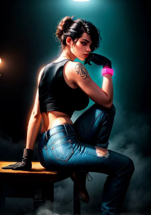 a beautiful girl model appearance,hairstyle,black eyelid,bright makeup,tattoos,sexual posture,denim pants,sleeveless t -shirt,top,neon lighting,neon lamps,sitting,short hairstyle,one -way hair,sexual look,fog in the background,beautiful breasts,chic buttoc...