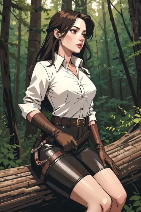 1girl, vector art, hunter woman, woman, hunting clothes, leather belt, white shirt, brown gloves, red eyes, sitting on a tree branch, sweaty, forest background, empty hands