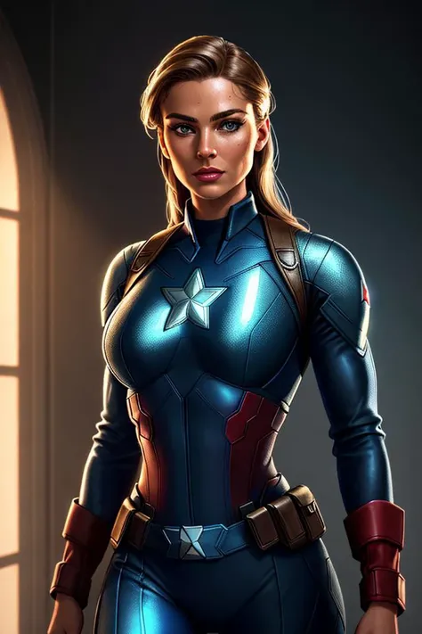 Real estate photography style Closeup fullbody portrait of female Captain America, Ciberpunk background, atmospheric scene, masterpiece, best quality, (detailed beautiful face, detail skin texture, ultra-detailed body:1.1), fantasy, feminine+, shiny wet sk...