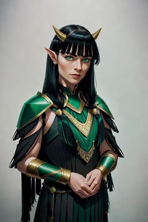 origami style full torso shot, (((Female goddes Loki))), ((tall woman)), (photorealistic:1.5), ((analog)), ((intricate details)), (detailed face), (perfect face), (((black hair))), long hair, (full bang, fringe: 1.9), (((black dress armor))), (((emerald gr...