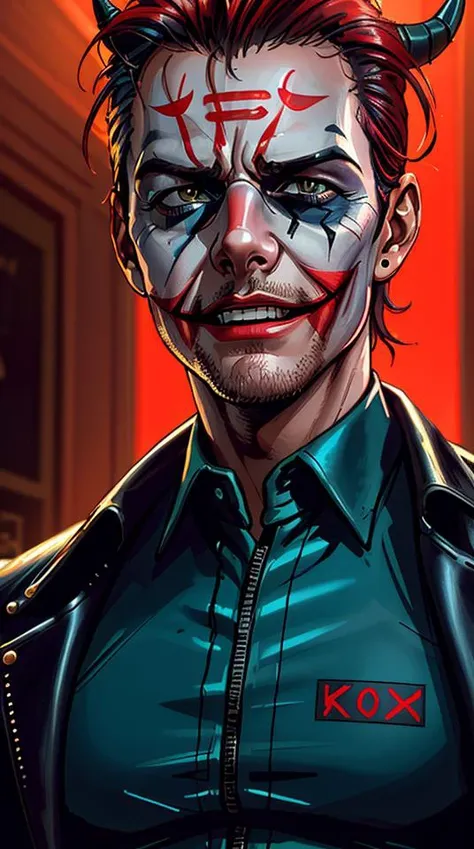 (close-up portrait), ((cyberpunk tom cruise as a demon with horns growing out of his forehead and dark-red skin, as a joker 2019...