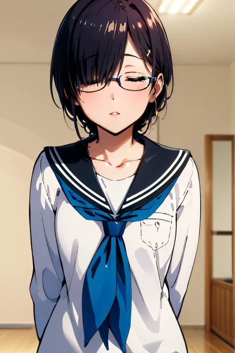 anime girl in a sailor suit and glasses standing in a room