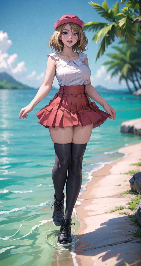 anime girl in a red skirt and hat walking along the beach