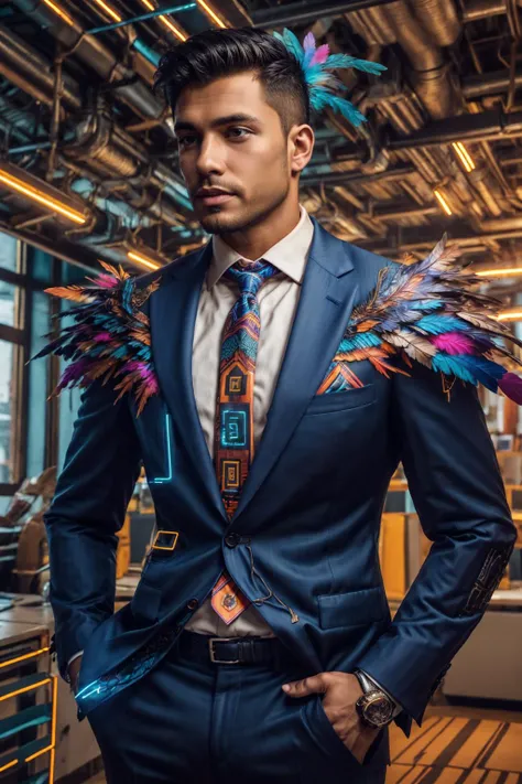 azt3ch, photo of a south american man wearing (business suit), science fiction, neon light, mechanical, feathers, dynamic pose, fantasy aztec city background, pants, shirt, necktie, office, indoors, realistic, masterpiece, intricate details, detailed backg...