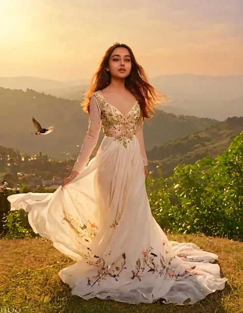 arafed woman in a white dress standing on a hill with a bird flying by