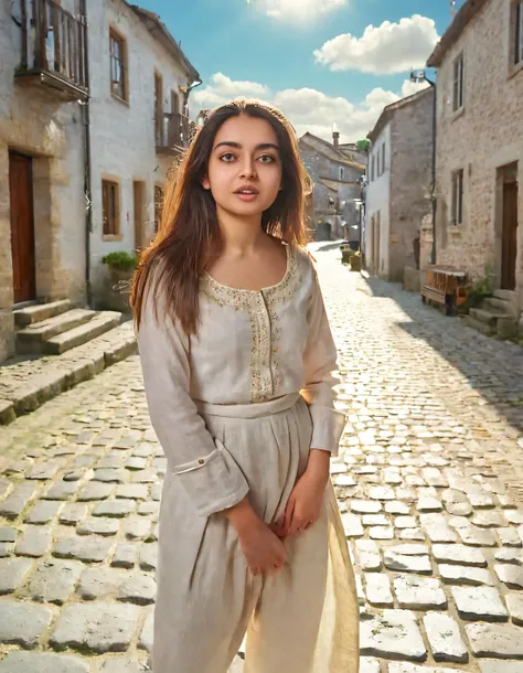 In this stunning photograph capturing Zara Dar, the breathtakingly gorgeous young woman gracefully poses solo on an ancient cobblestone street within a picturesque European village, dressed in a linen ensemble with golden threads, basking under warm sunlig...