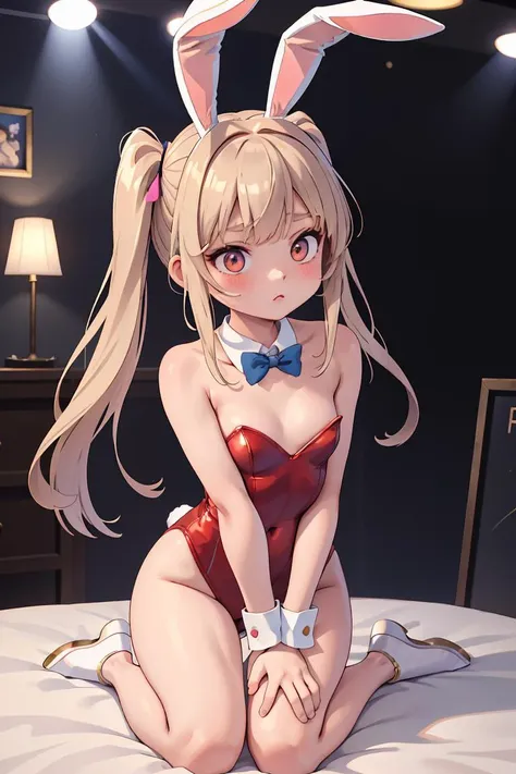 anime girl in bunny ears sitting on a bed with a red bodysuit