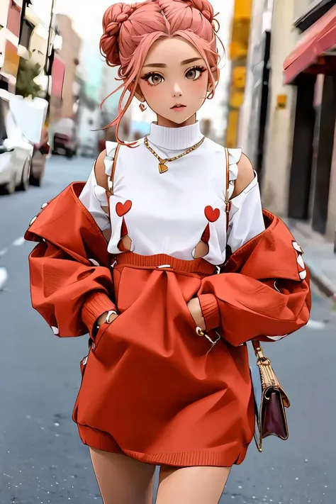 a close up of a person walking down a street with a red skirt