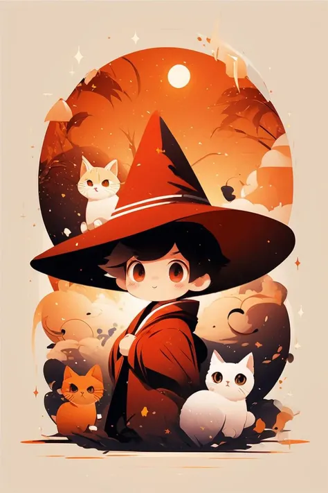 a cartoon witch with a cat and a cat sitting on a pumpkin