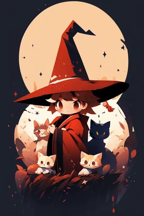 a cartoon witch with cats and a cat sitting on a rock