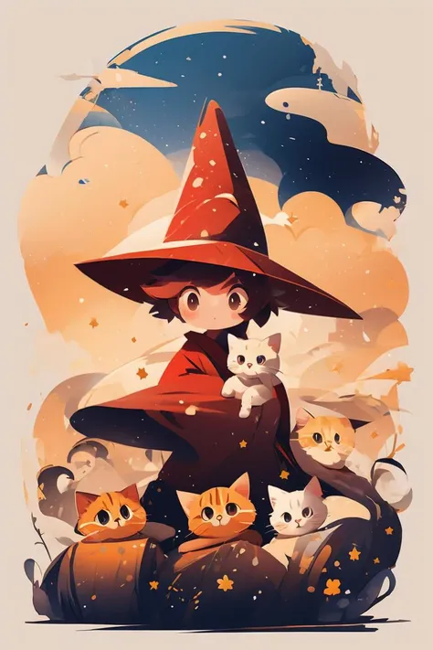 a cartoon witch with cats sitting on a barrel