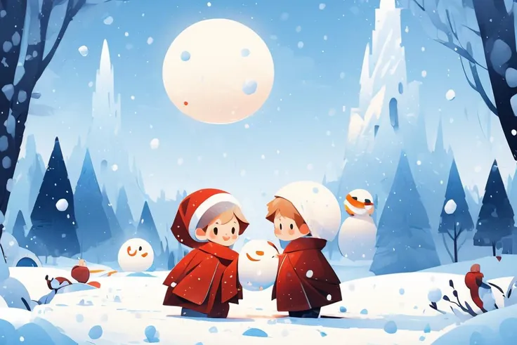 two children are standing in the snow with a snowman