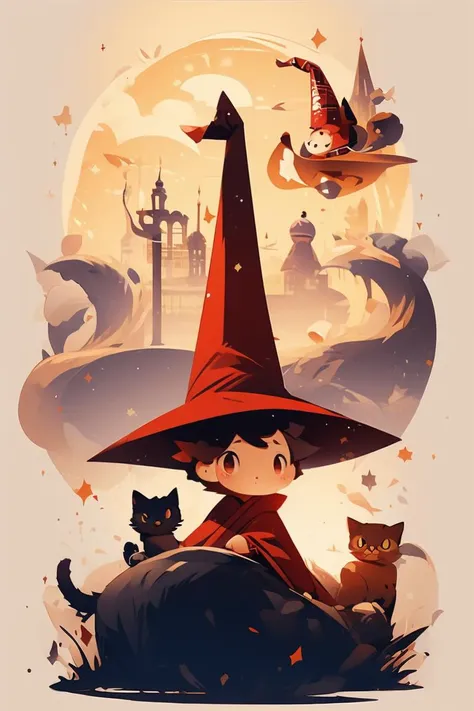 a cartoon witch with a cat and a cat sitting on a rock