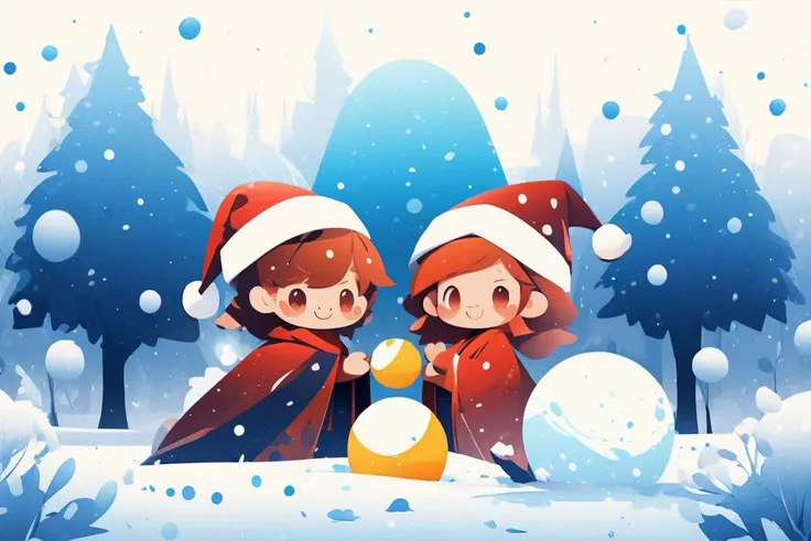 two children in santa hats are playing with a snow ball